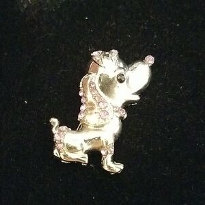 Dog Pink Rhinestone Silver Tone Pin 1.75"